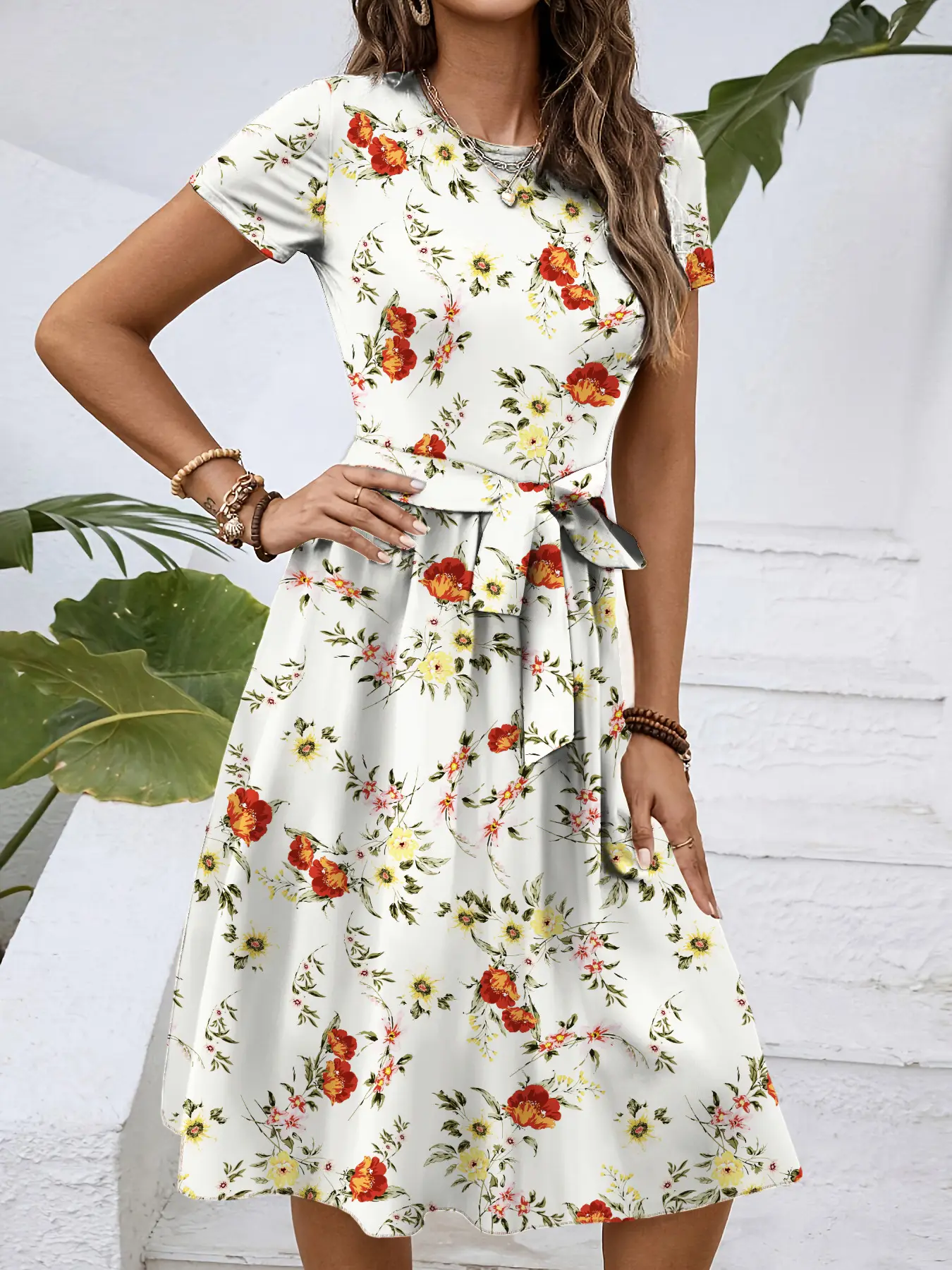 Women Floral Print Mid-Length Dress White - Image 5