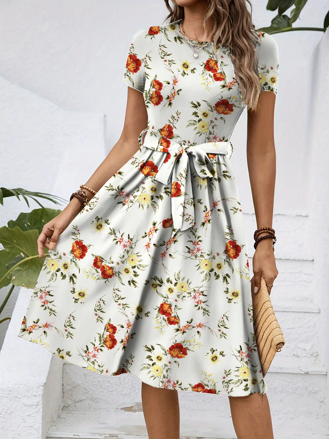 Women Floral Print Mid-Length Dress White - Image 6