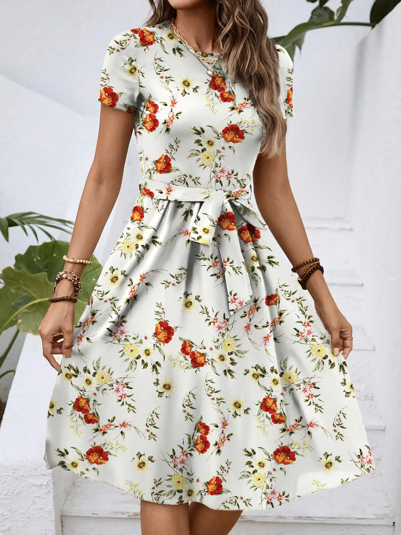 Women Floral Print Mid-Length Dress White - Image 7