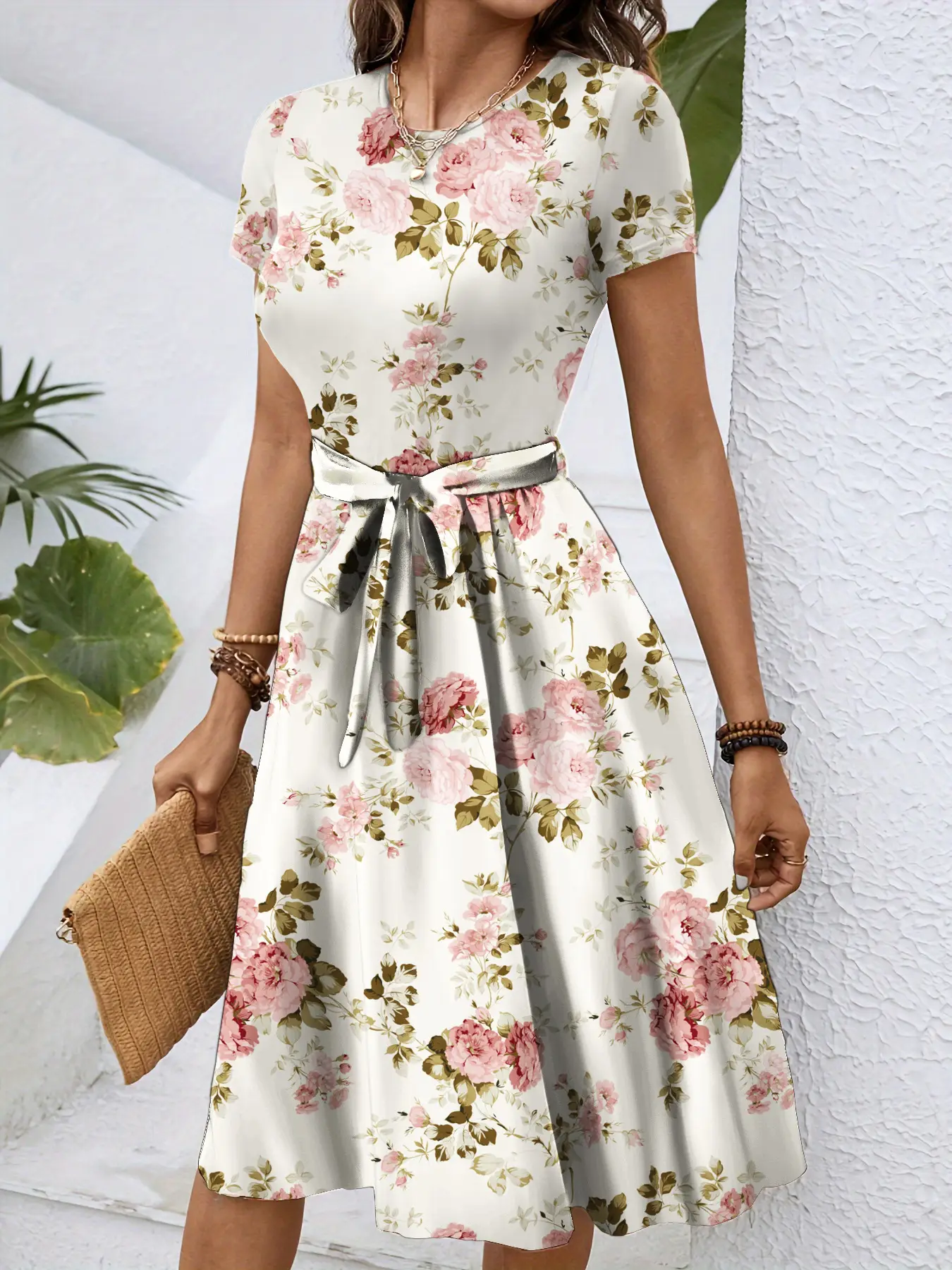 Women Floral Print Mid-Length Dress White — feature 10