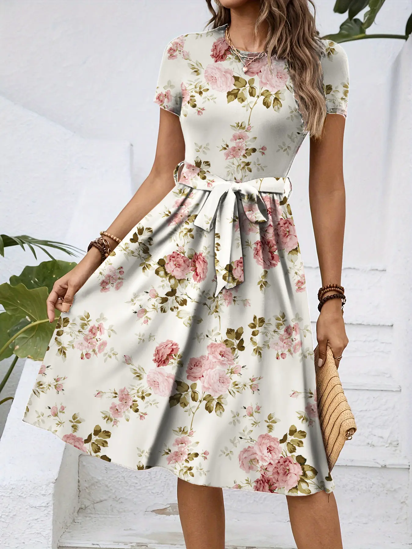 Women Floral Print Mid-Length Dress White — feature 12