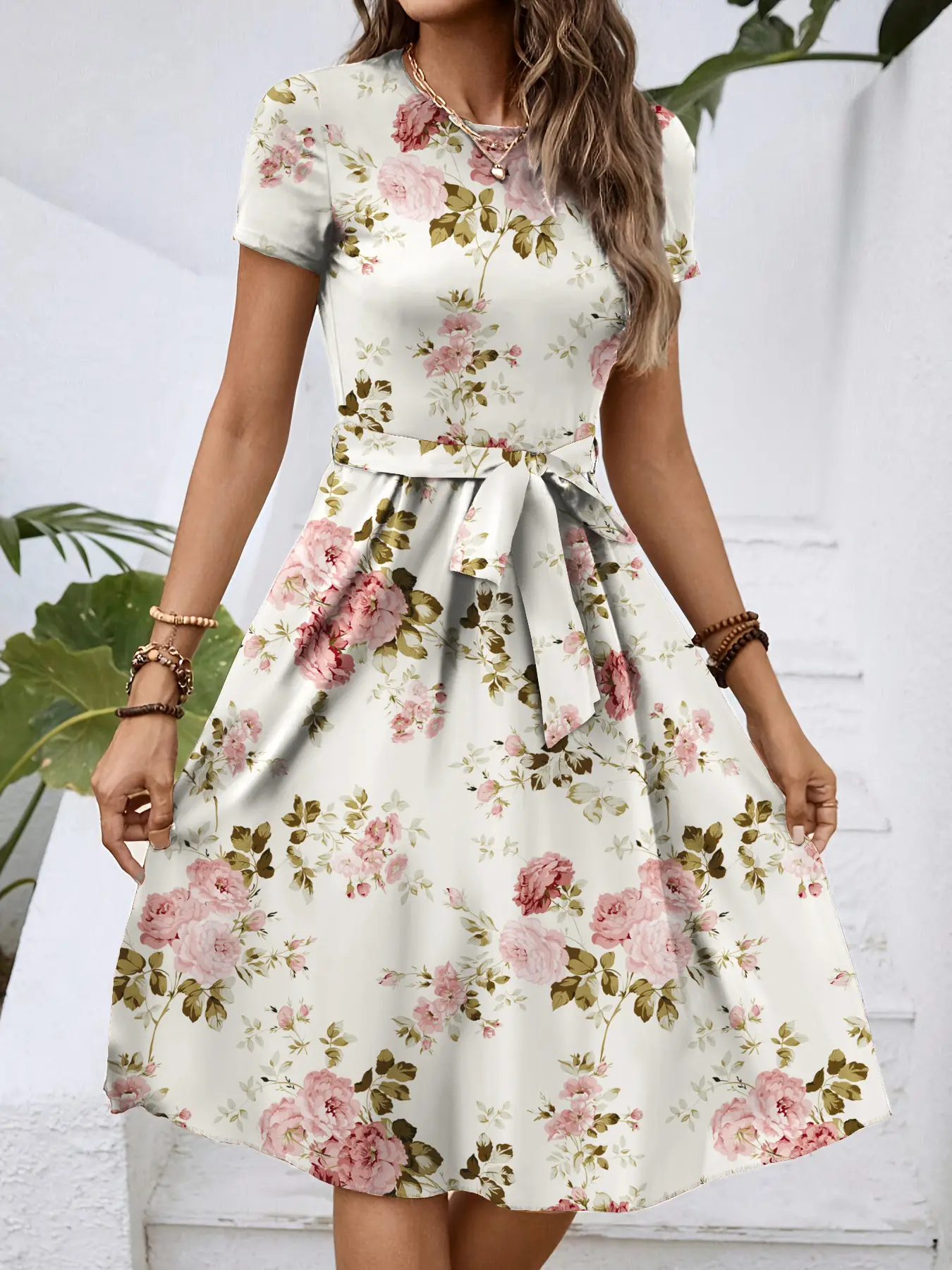 Women Floral Print Mid-Length Dress White - Image 2