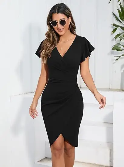 Black V-Neck Pleated Coat for Women