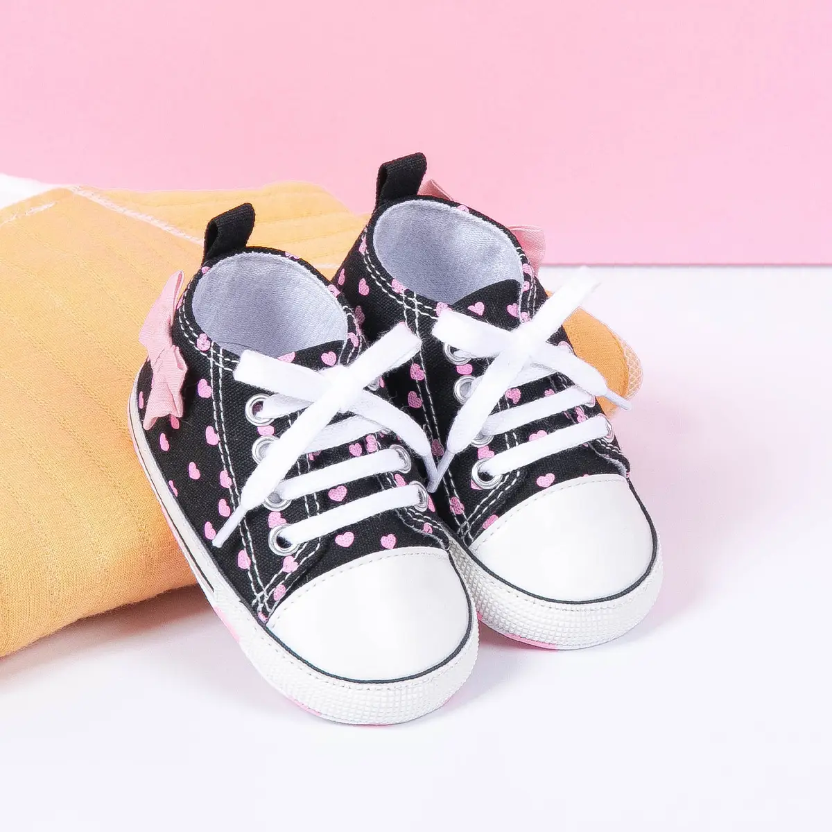 Baby Girl Canvas Bow Shoes White Sole Pink Heart Pattern