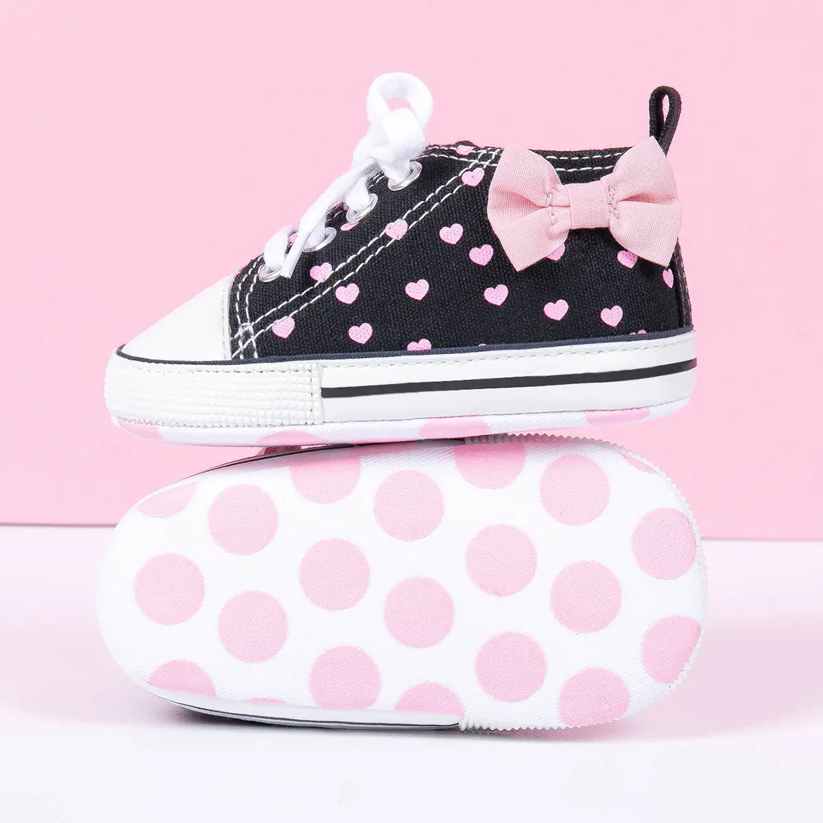Baby Girl Canvas Bow Shoes White Sole Pink Heart Pattern
