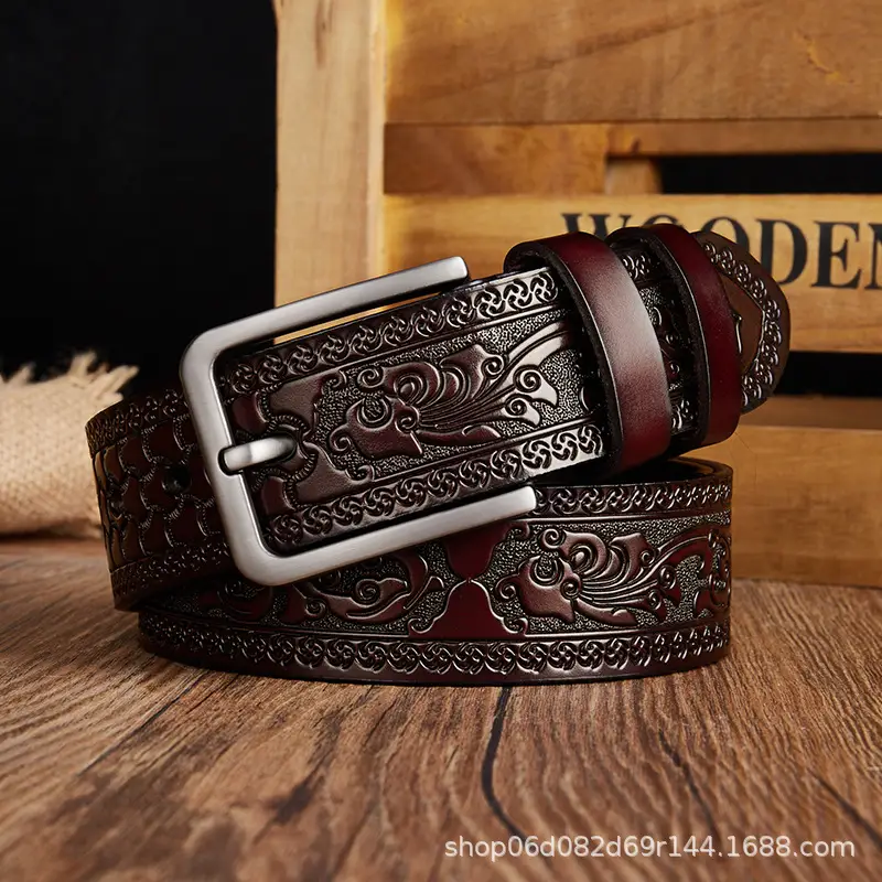 Men's Leather Belt with Silver Buckle & Retro Design - Image 2