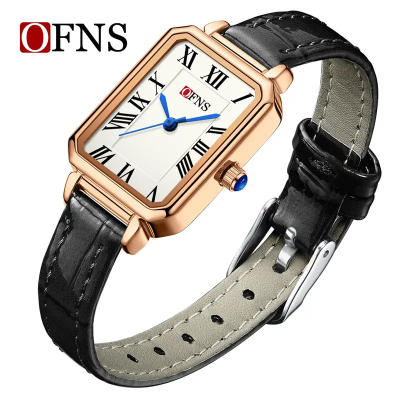 Ofns Brown Leather Square Watch for Women - Image 3