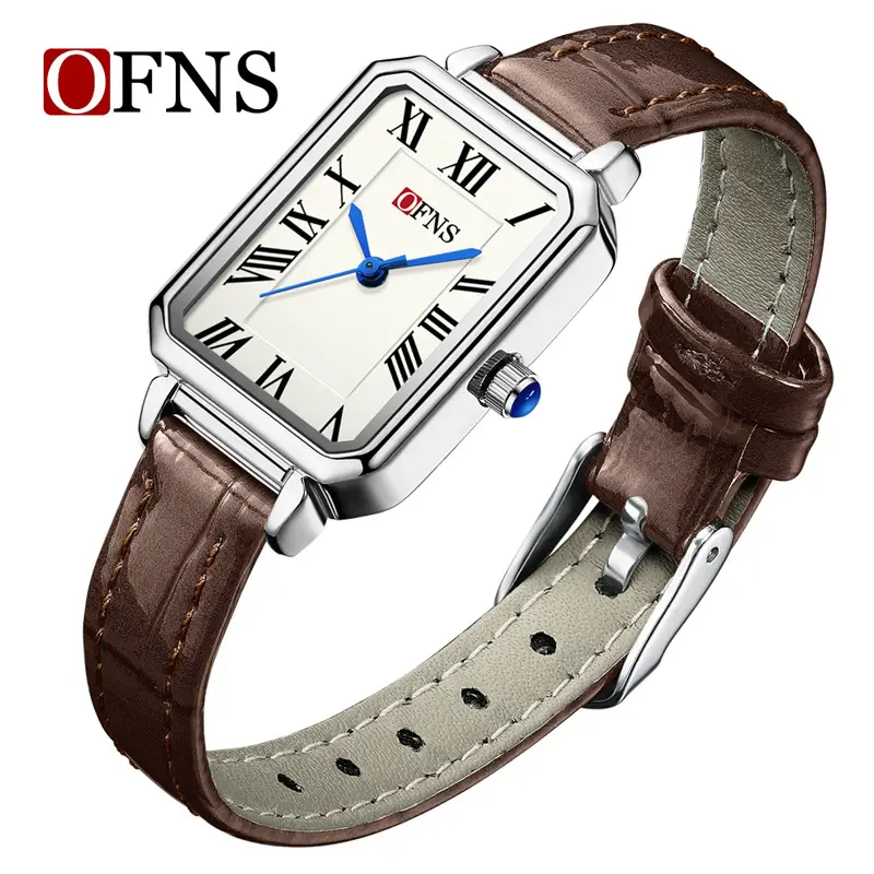 Ofns Brown Leather Square Watch for Women - Image 4