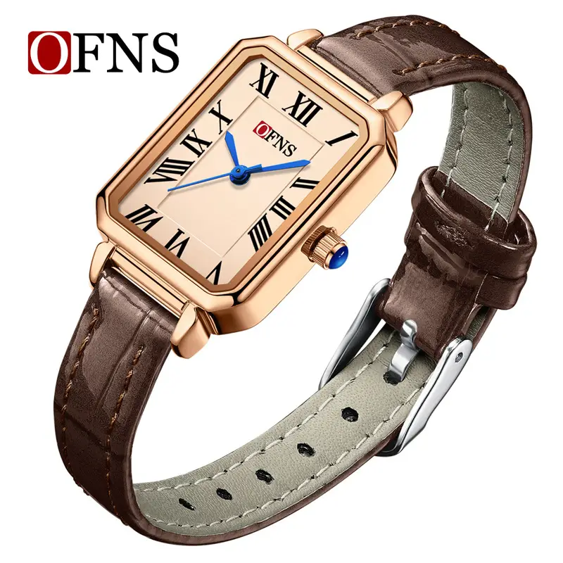 Ofns Brown Leather Square Watch for Women - Image 5
