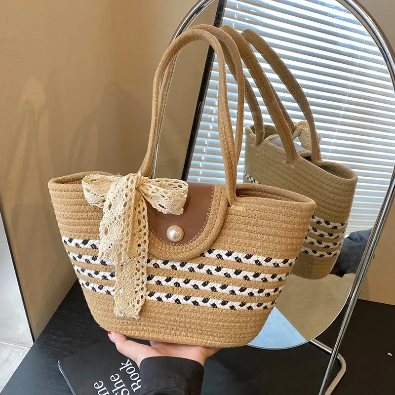 Women's Straw Woven Shoulder Bag with Tassel & Pearl - Image 2