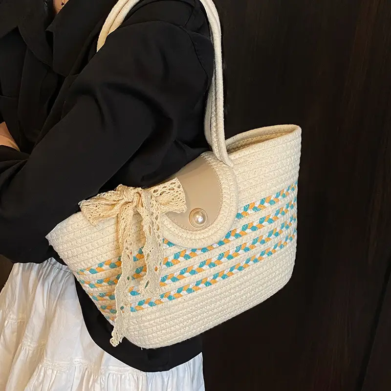 Women's Straw Woven Shoulder Bag with Tassel & Pearl - Image 3