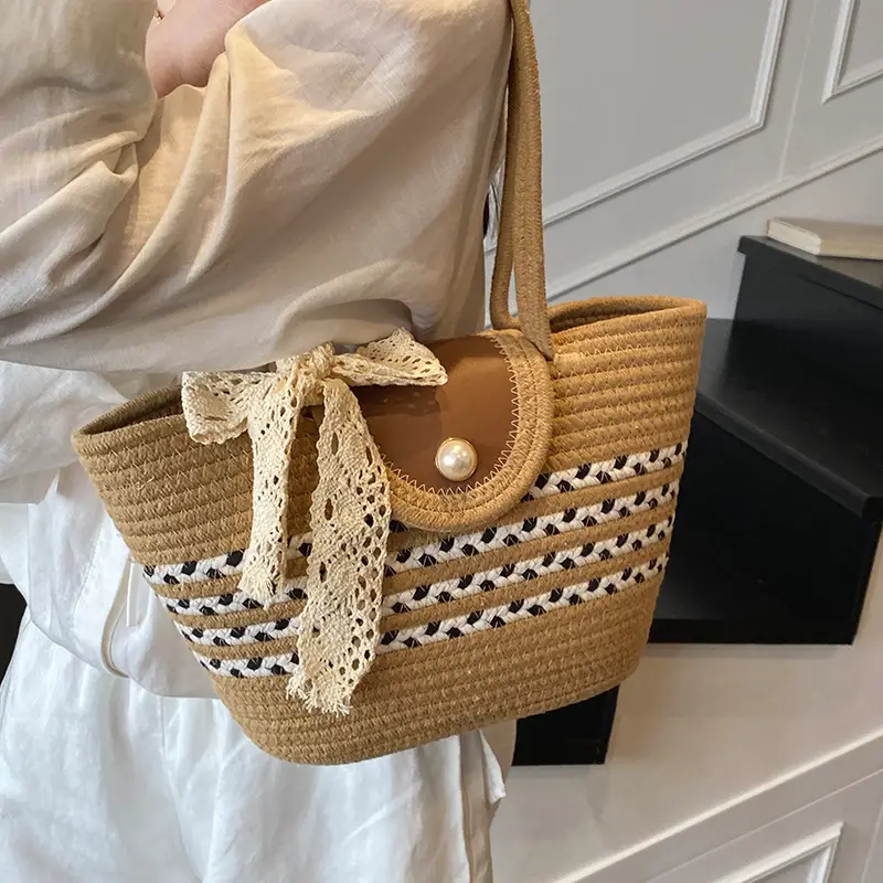 Women's Straw Woven Shoulder Bag with Tassel & Pearl - Image 4