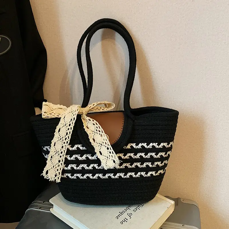 Women's Straw Woven Shoulder Bag with Tassel & Pearl - Image 5