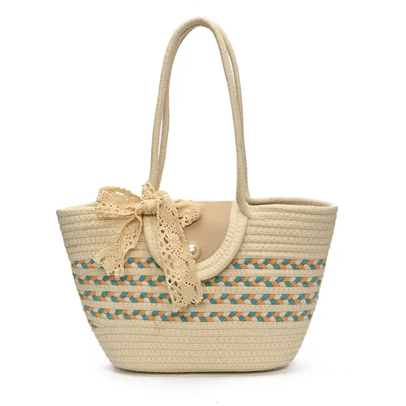 Women's Straw Woven Shoulder Bag with Tassel & Pearl - Image 6