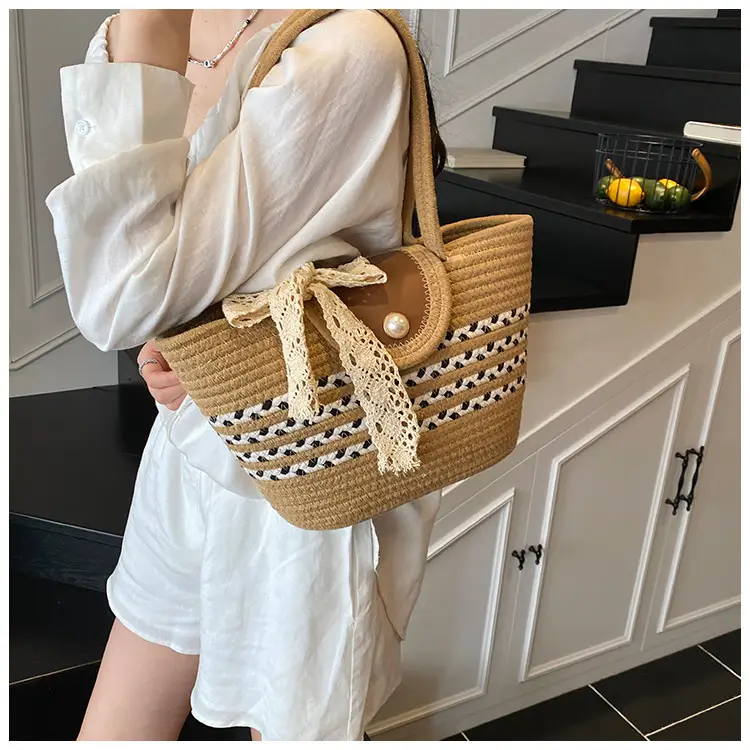Women's Straw Woven Shoulder Bag with Tassel & Pearl — feature 10