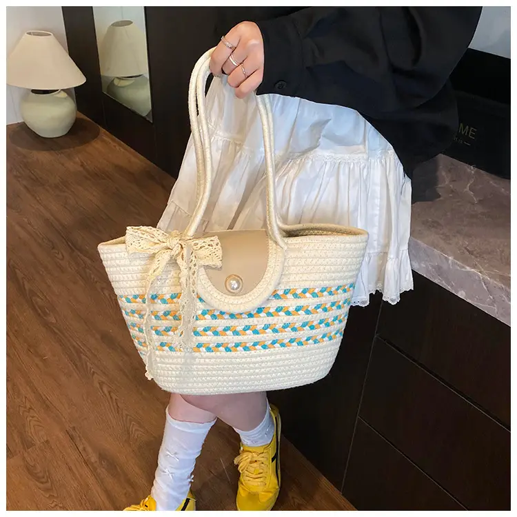Women's Straw Woven Shoulder Bag with Tassel & Pearl — feature 11