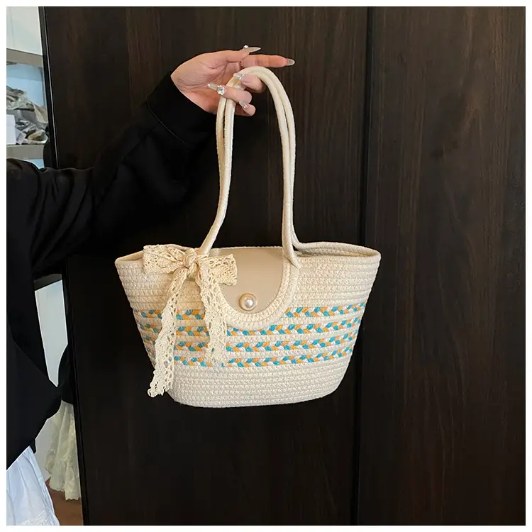 Women's Straw Woven Shoulder Bag with Tassel & Pearl — feature 12