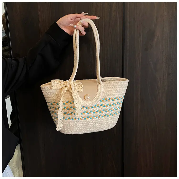 Women's Straw Woven Shoulder Bag with Tassel & Pearl — feature 13