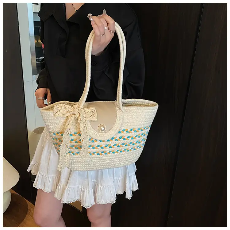 Women's Straw Woven Shoulder Bag with Tassel & Pearl — feature 14