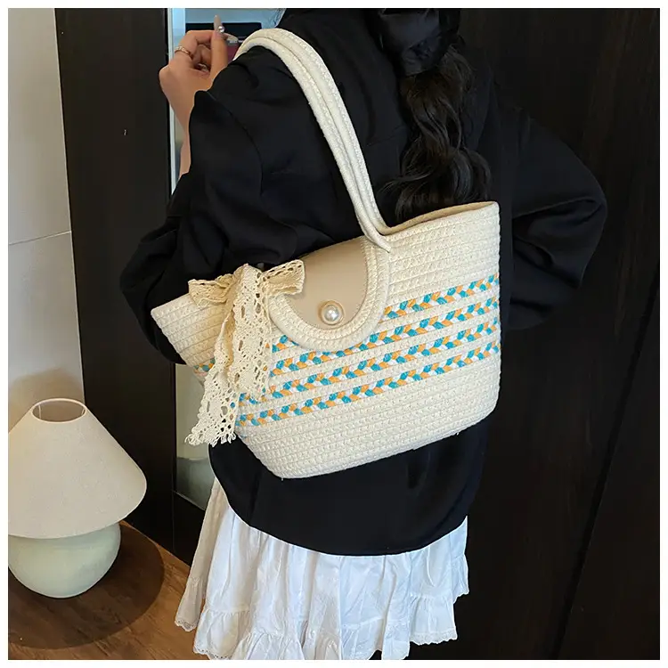 Women's Straw Woven Shoulder Bag with Tassel & Pearl — feature 15