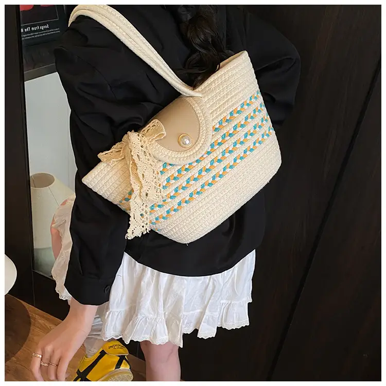 Women's Straw Woven Shoulder Bag with Tassel & Pearl — feature 16