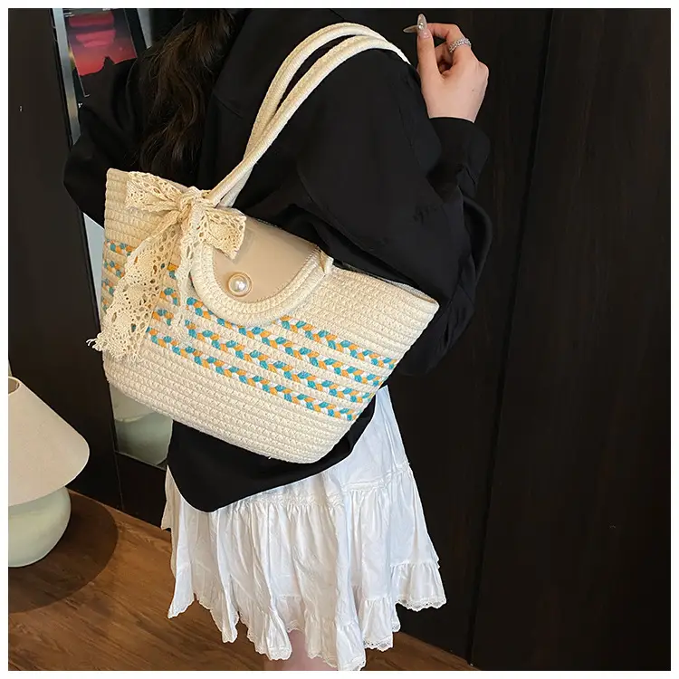 Women's Straw Woven Shoulder Bag with Tassel & Pearl — feature 17