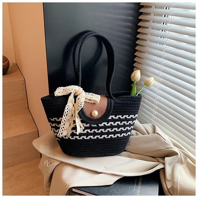 Women's Straw Woven Shoulder Bag with Tassel & Pearl — feature 19
