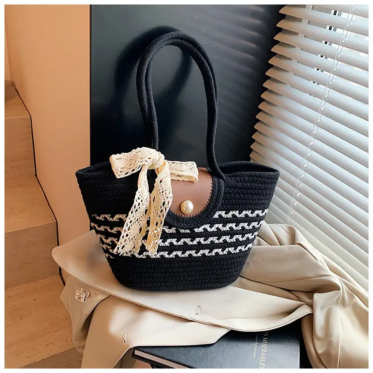 Women's Straw Woven Shoulder Bag with Tassel & Pearl — feature 20