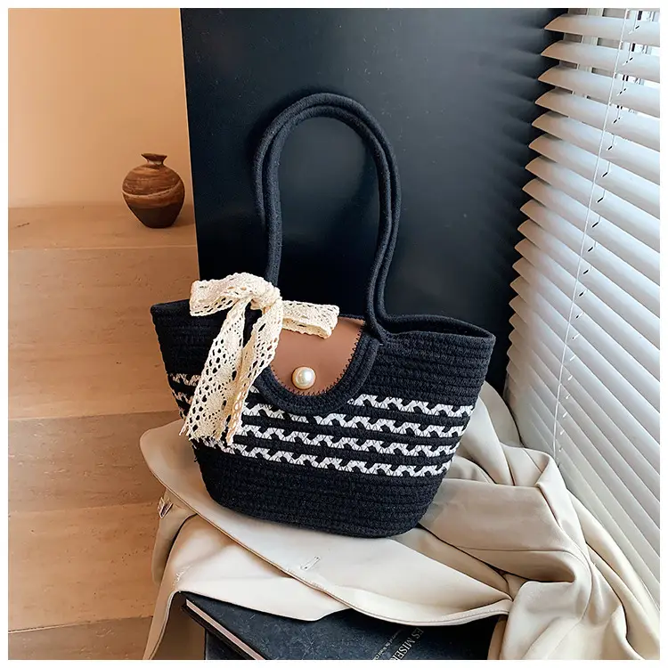 Women's Straw Woven Shoulder Bag with Tassel & Pearl — feature 21
