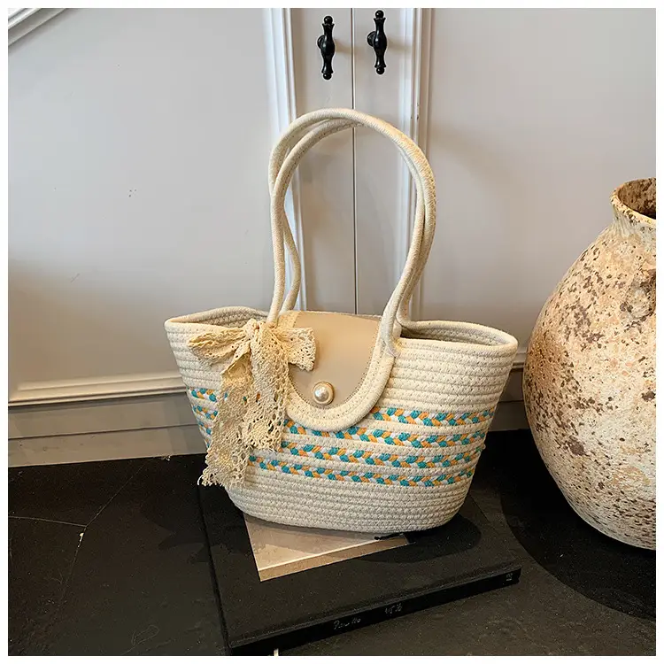 Women's Straw Woven Shoulder Bag with Tassel & Pearl — feature 23