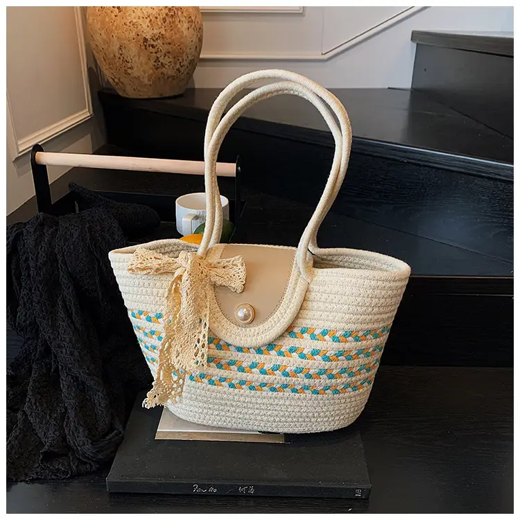 Women's Straw Woven Shoulder Bag with Tassel & Pearl — feature 24