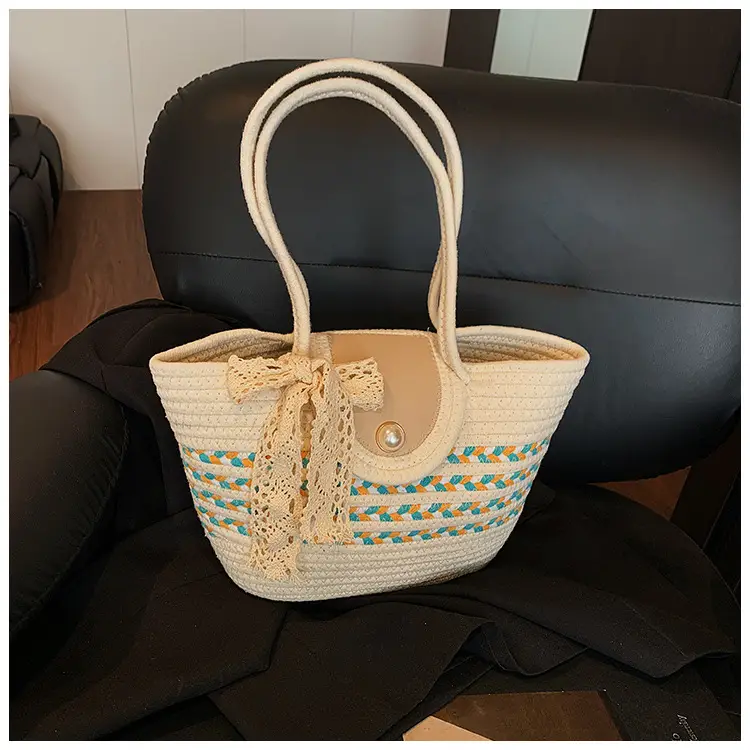 Women's Straw Woven Shoulder Bag with Tassel & Pearl — feature 25
