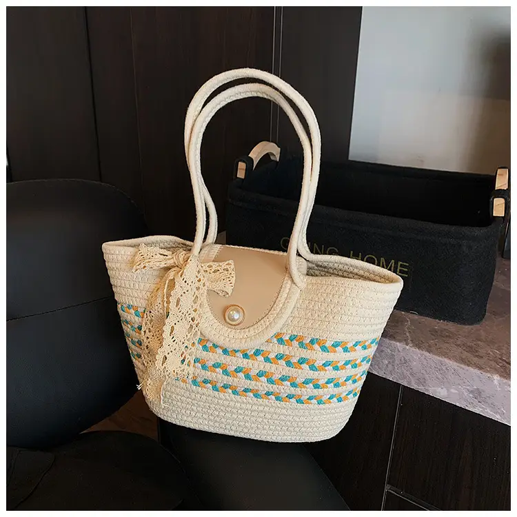 Women's Straw Woven Shoulder Bag with Tassel & Pearl — feature 26