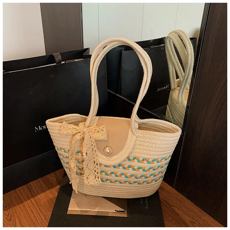 Women's Straw Woven Shoulder Bag with Tassel & Pearl — feature 27