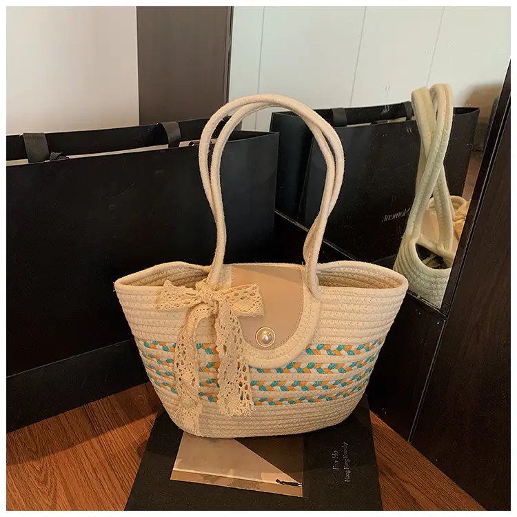 Women's Straw Woven Shoulder Bag with Tassel & Pearl — feature 28