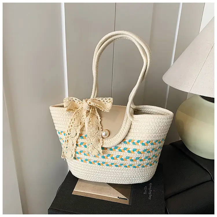 Women's Straw Woven Shoulder Bag with Tassel & Pearl — feature 29