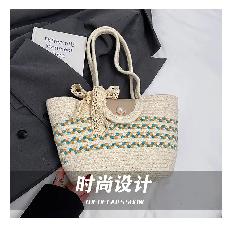 Women's Straw Woven Shoulder Bag with Tassel & Pearl — feature 3