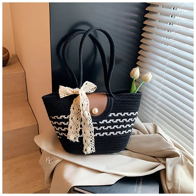Women's Straw Woven Shoulder Bag with Tassel & Pearl — feature 31