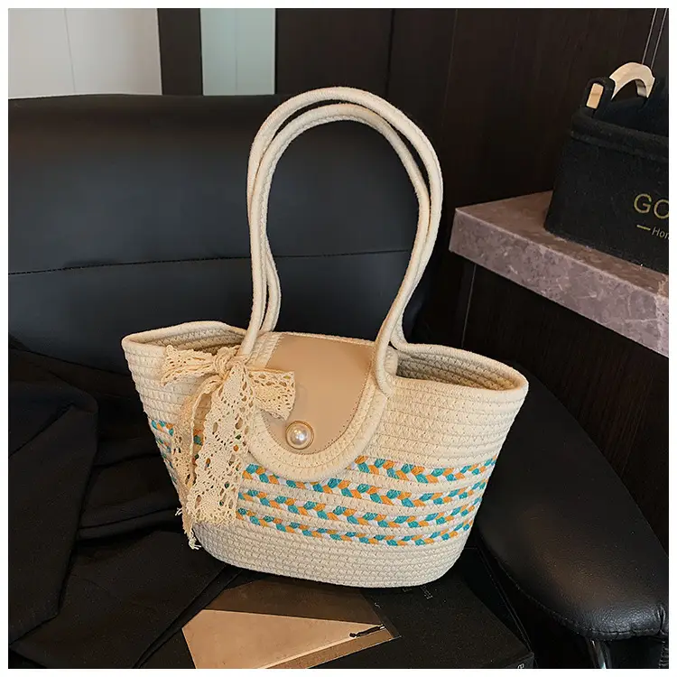 Women's Straw Woven Shoulder Bag with Tassel & Pearl — feature 32
