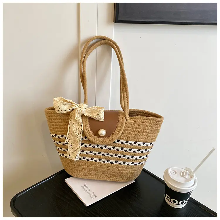Women's Straw Woven Shoulder Bag with Tassel & Pearl — feature 34