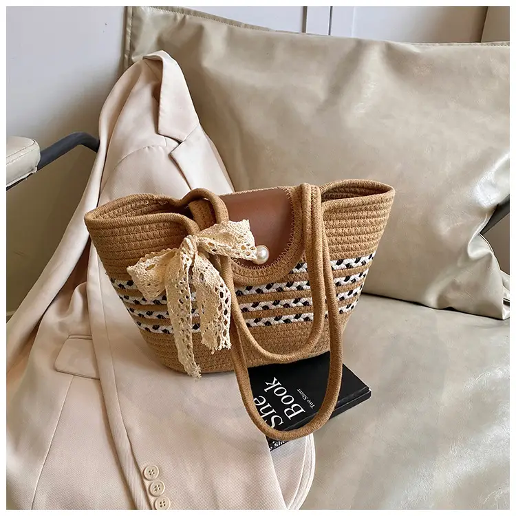 Women's Straw Woven Shoulder Bag with Tassel & Pearl — feature 35
