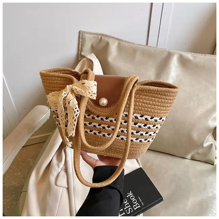 Women's Straw Woven Shoulder Bag with Tassel & Pearl — feature 36