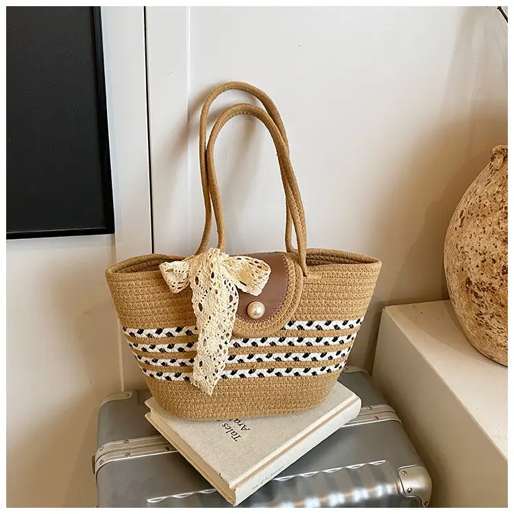 Women's Straw Woven Shoulder Bag with Tassel & Pearl — feature 37