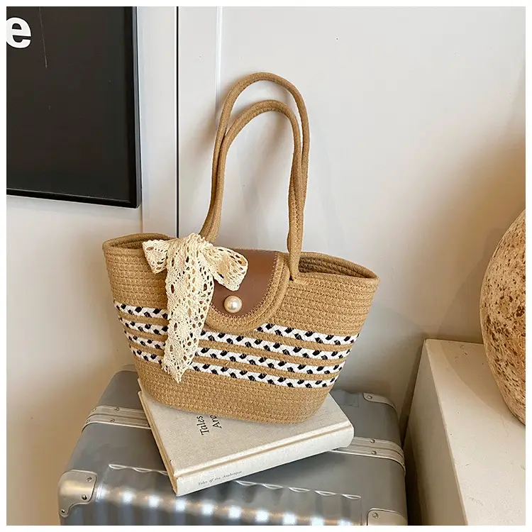 Women's Straw Woven Shoulder Bag with Tassel & Pearl — feature 38