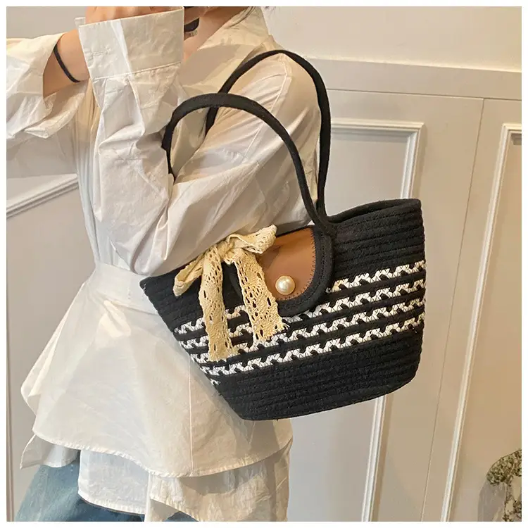 Women's Straw Woven Shoulder Bag with Tassel & Pearl — feature 6