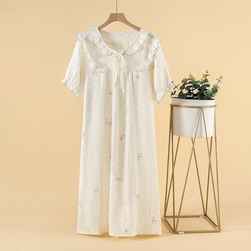 Pajamas Women's Summer Pure Cotton Double-Layer Cotton Yarn Cute Round Neck Home Clothes Short Sleeve Shorts Nightgown Loose Home Clothes