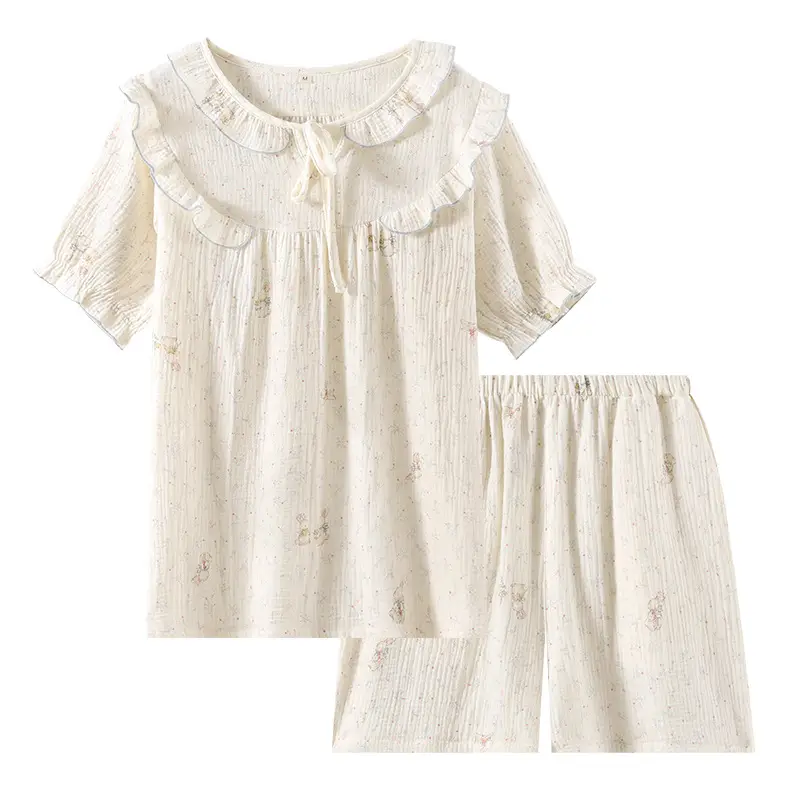 Pajamas Women's Summer Pure Cotton Double-Layer Cotton Yarn Cute Round Neck Home Clothes Short Sleeve Shorts Nightgown Loose Home Clothes