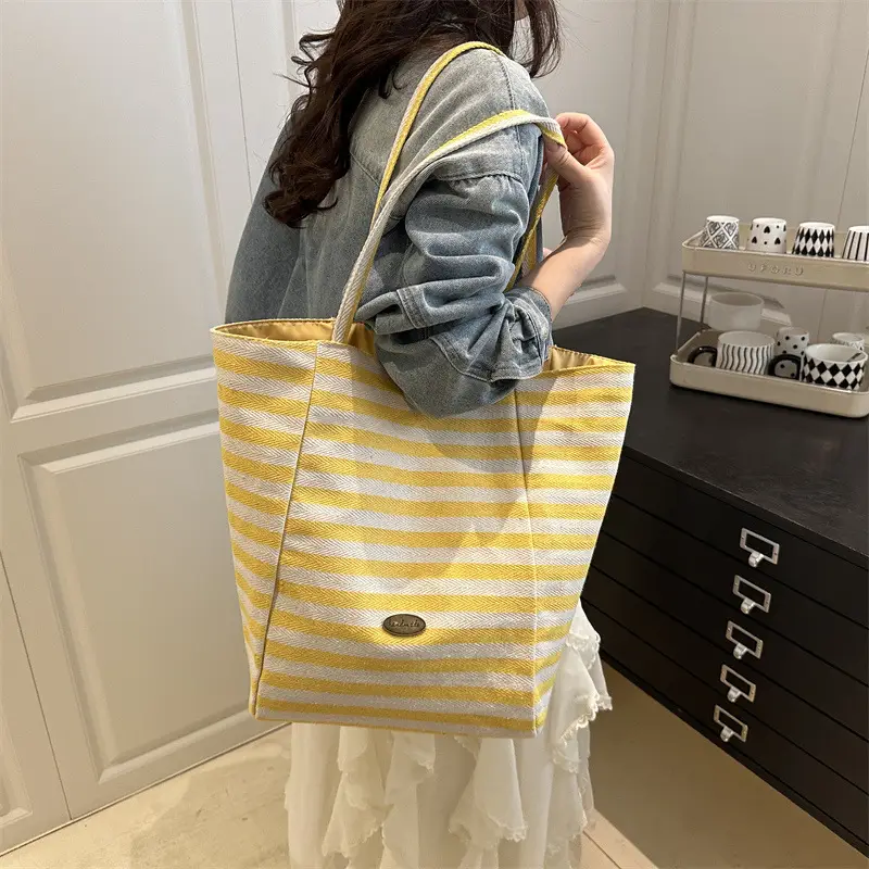 Yellow Striped Canvas Tote Bag Large Capacity Casual Shoulder Bag