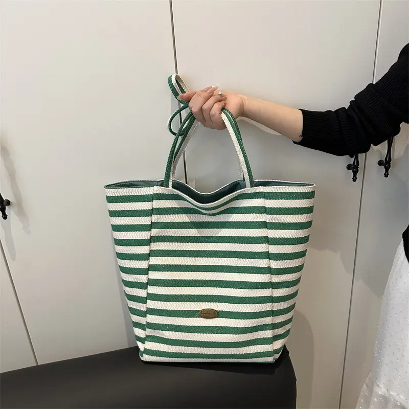 Yellow Striped Canvas Tote Bag Large Capacity Casual Shoulder Bag
