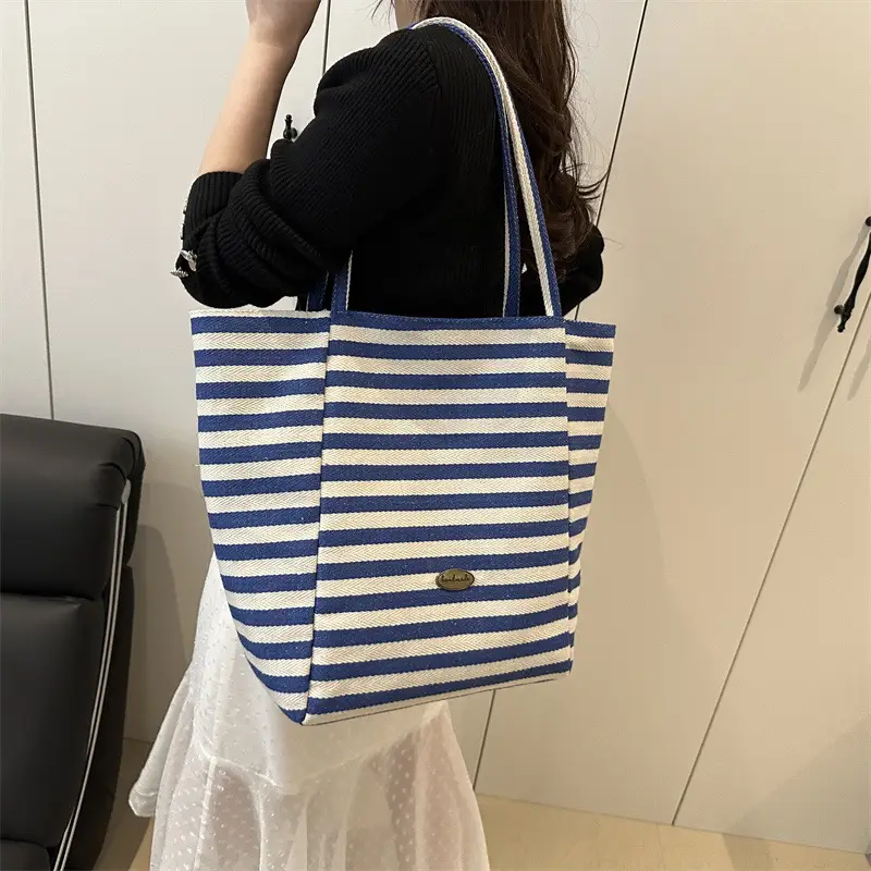 Yellow Striped Canvas Tote Bag Large Capacity Casual Shoulder Bag